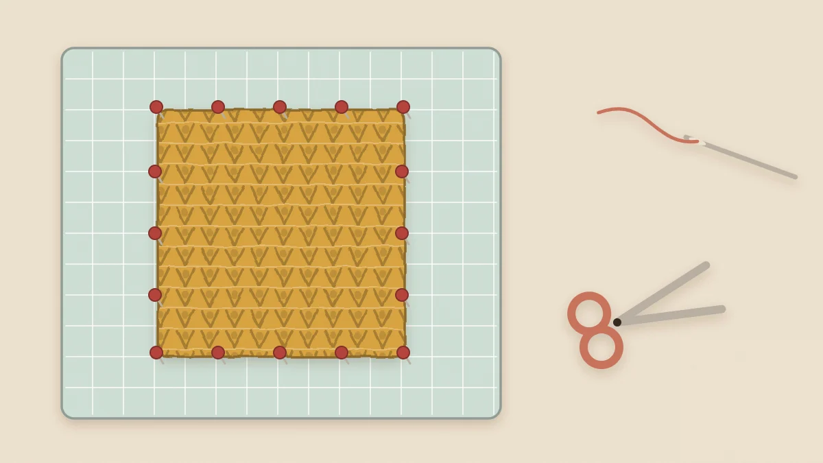 A square crochet piece pinned to a blocking mat with a yarn needle and scissors beside it