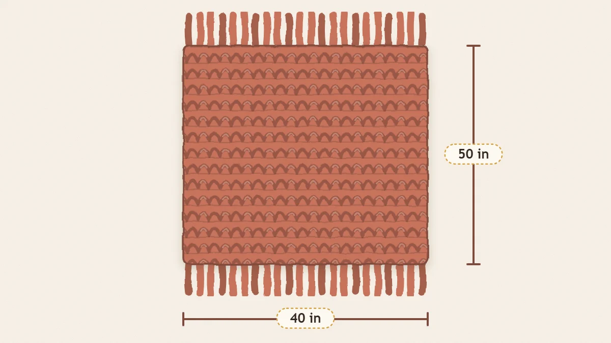 Diagram of a rectangular throw blanket marked 40 inches wide and 50 inches long with fringe along one short edge