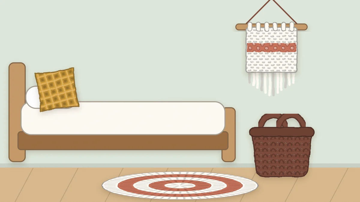 Calm bedroom corner with a bed, a textured crochet pillow, a small basket and a crochet wall hanging