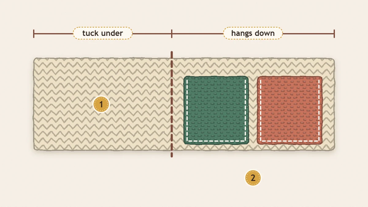 Long crochet panel divided into a tuck-under flap and a pocket section, with the fold line marked across it