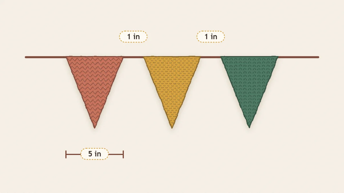 Three triangle crochet pennants spaced along a chain cord with the gap between pennants marked