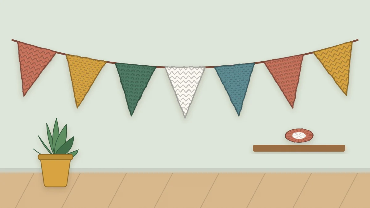 A crochet garland of triangle pennants in warm colors draped across the picture