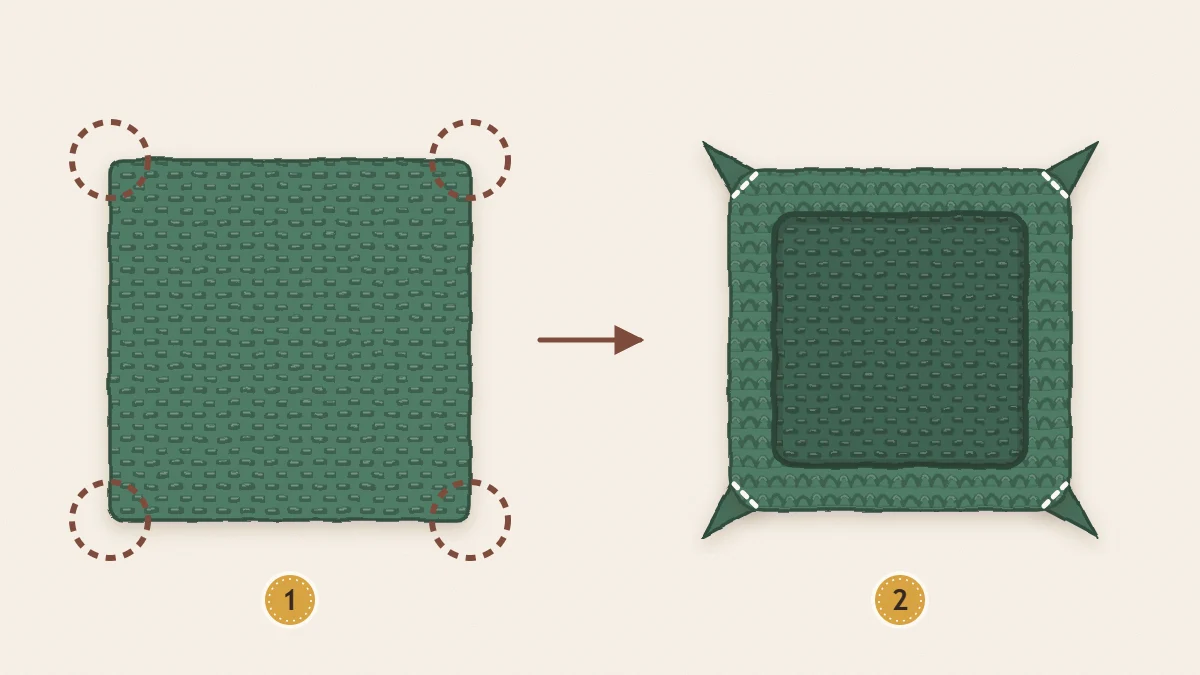 Diagram of a flat crochet square with its four corners marked, beside the finished tray with the corners pinched and the sides raised