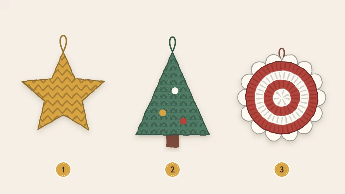 Three flat crochet ornaments side by side, a five-point star, a small tree and a round bauble, each with a hanging loop at the top