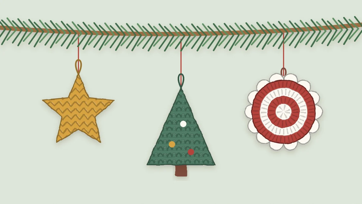 A crochet star, a crochet tree and a round crochet ornament hanging from an evergreen branch