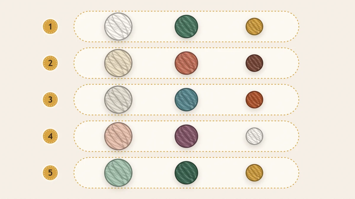 Five rows of three color dots, each row showing one three-color palette for crochet home decor