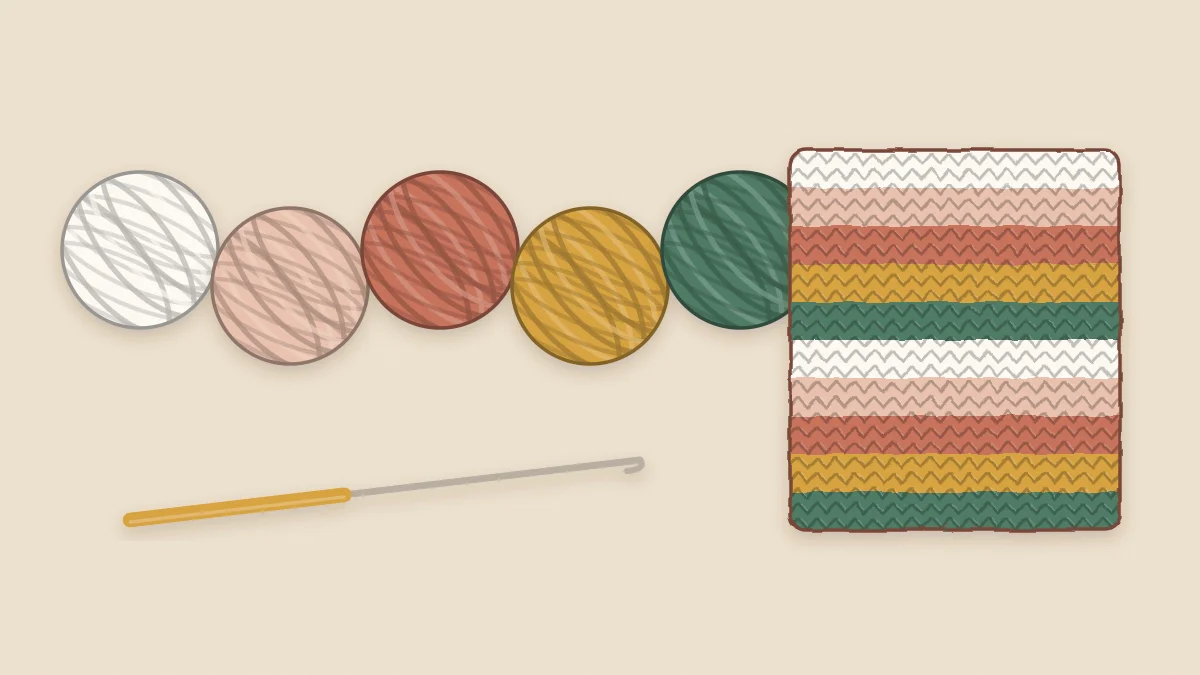 A row of yarn balls arranged as a warm color palette beside a striped crochet swatch