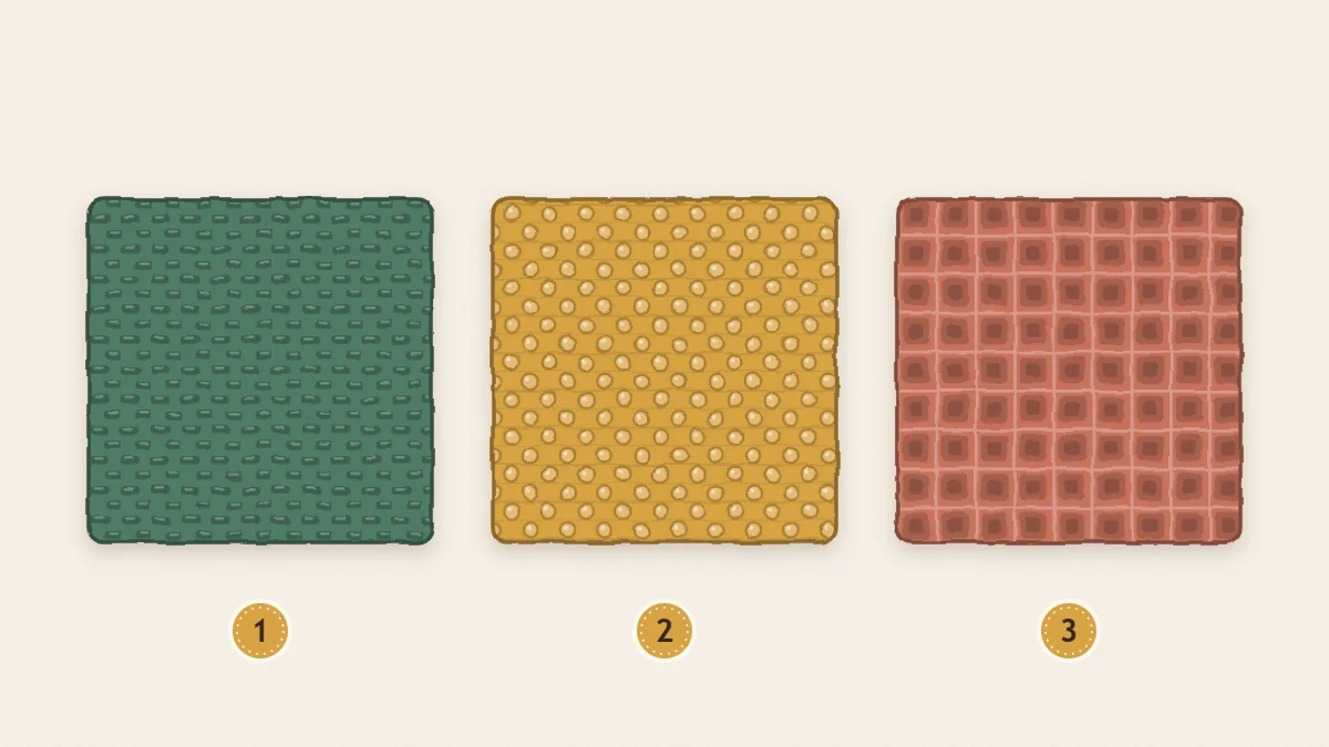 Three square crochet dishcloths side by side, each with a different texture: smooth woven moss stitch, pebbled lemon peel and ridged grit stitch