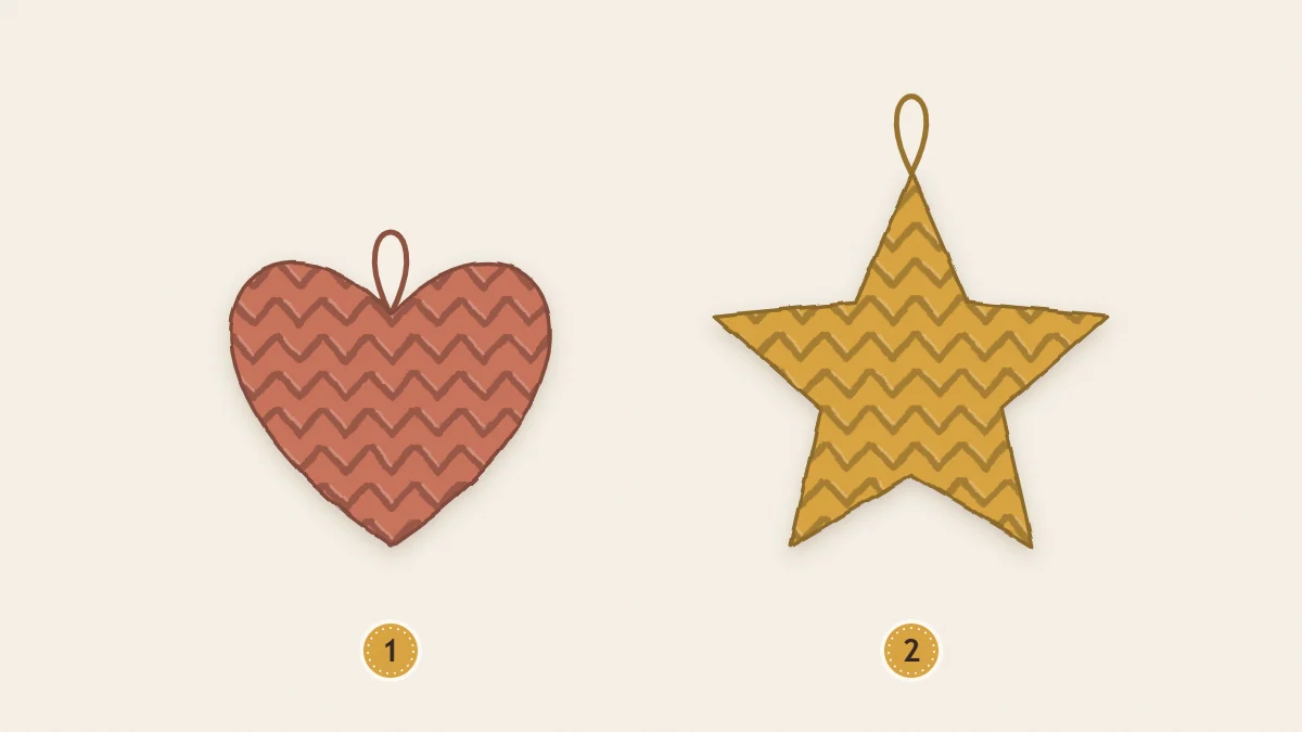 A crochet heart and a crochet star side by side, each with a chain hanging loop at the top