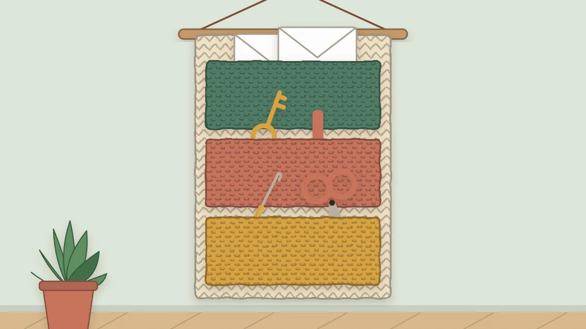 A crochet hanging panel with three pockets on a wooden dowel, with envelopes, keys and scissors peeking out of the pockets