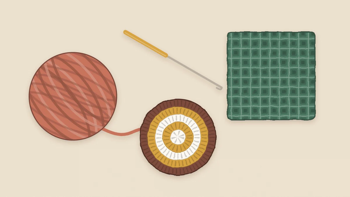 Flat-lay of a ball of yarn, a crochet hook, a round crochet coaster and a small textured swatch