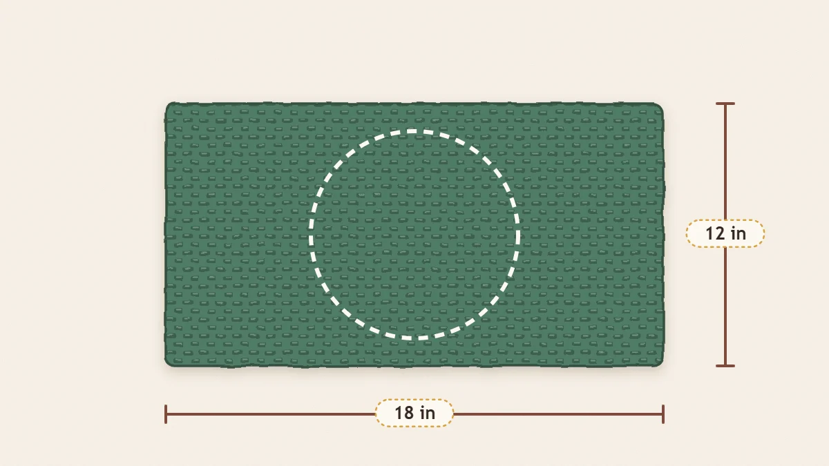 Diagram of a rectangle marked 12 inches by 18 inches with a round plate outline centered on it