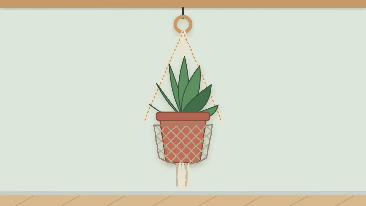 Potted plant sitting in a hanging crochet mesh holder suspended by cord straps from a ring