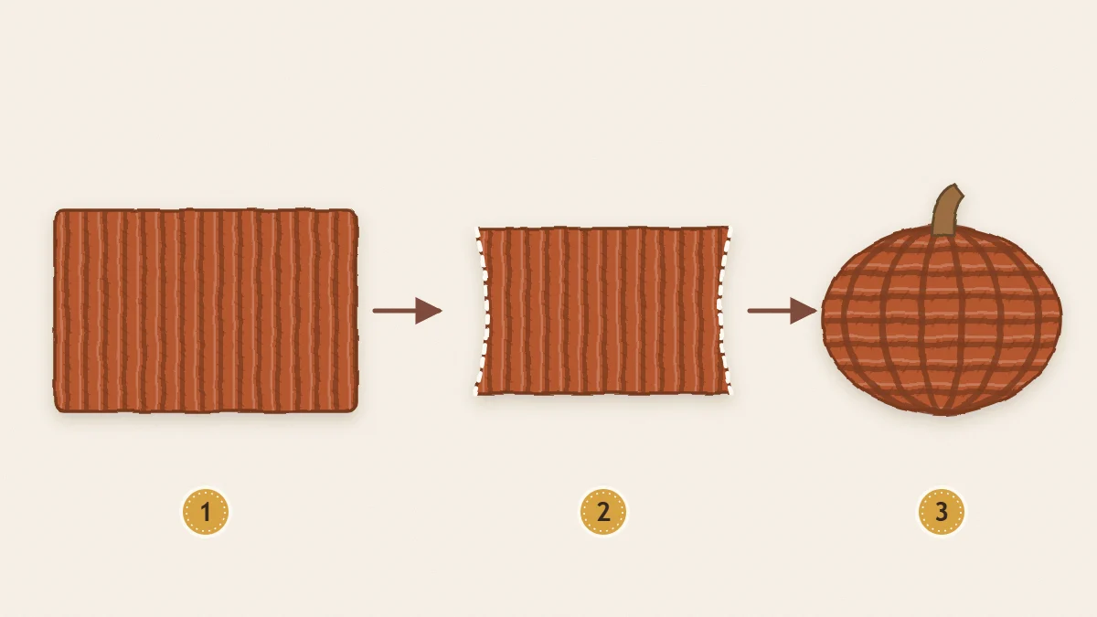 Three numbered steps for a crochet pumpkin: a flat ribbed rectangle, a tube gathered at one end, and the finished stuffed pumpkin with segments and a stem