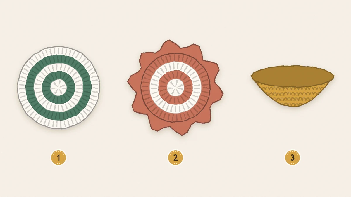 Three small crochet circles side by side: one lying flat, one with a ruffled wavy edge and one with a cupped edge curling upward