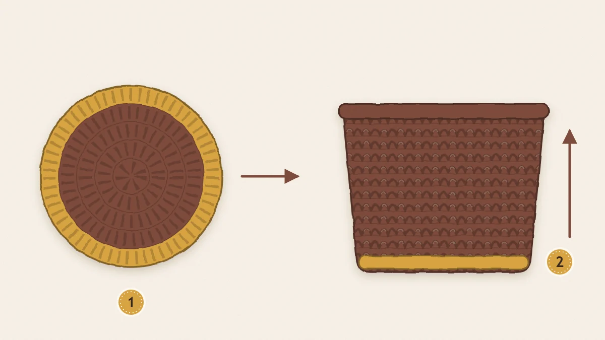 Diagram of a flat crochet base circle with an arrow pointing up to a straight-sided basket, the back-loop turning round highlighted at the bottom edge