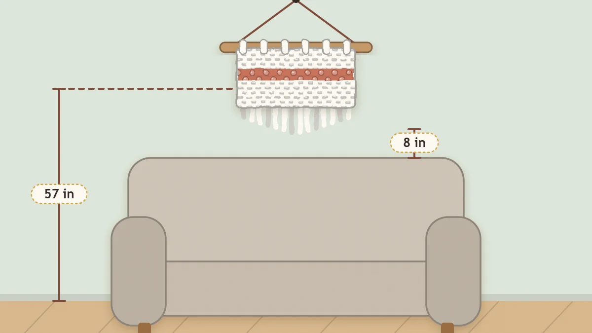 Diagram of a wall with a sofa and a crochet hanging centered above it, with the center height of the hanging marked from the floor
