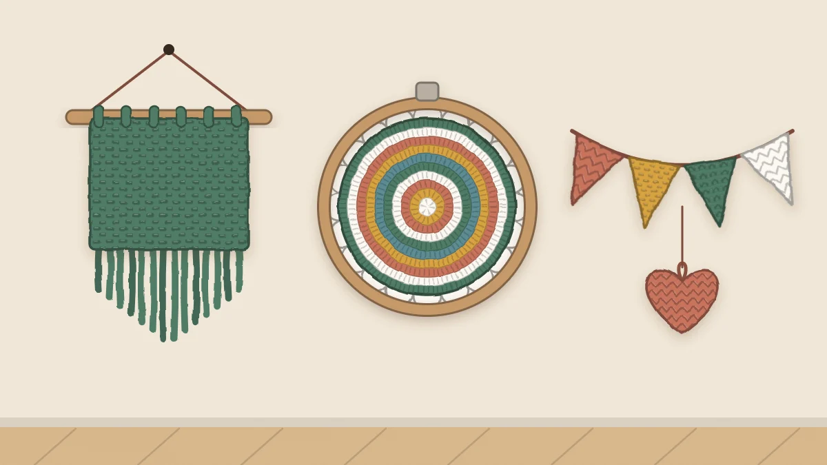Three crochet pieces arranged on a wall: a fringed hanging on a wooden dowel, a round motif in a hoop and a small pennant garland