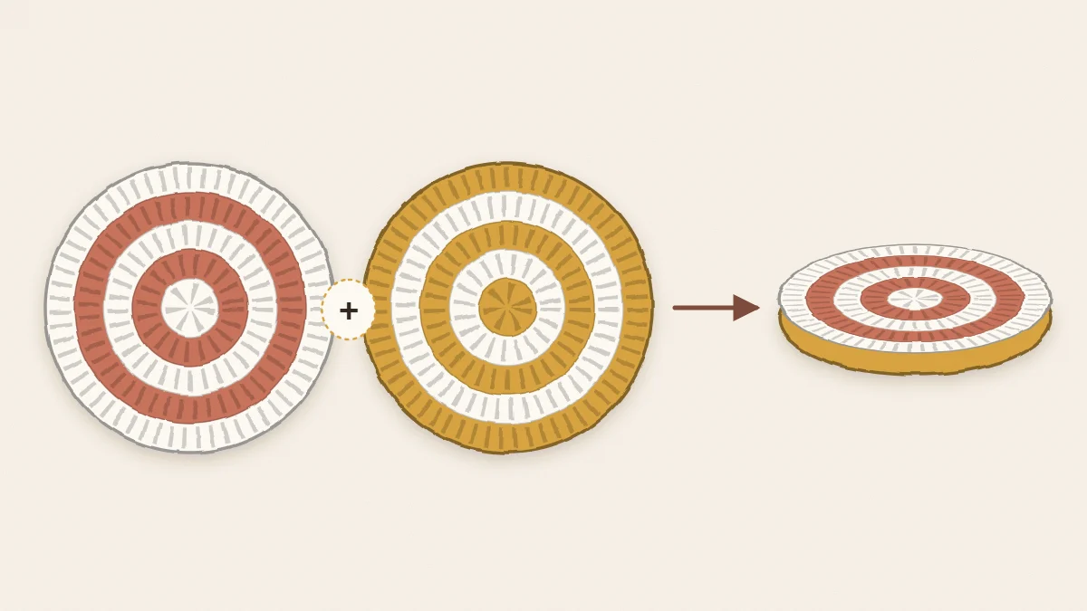 Two crochet circles with an arrow showing them joined edge to edge around a round pillow form