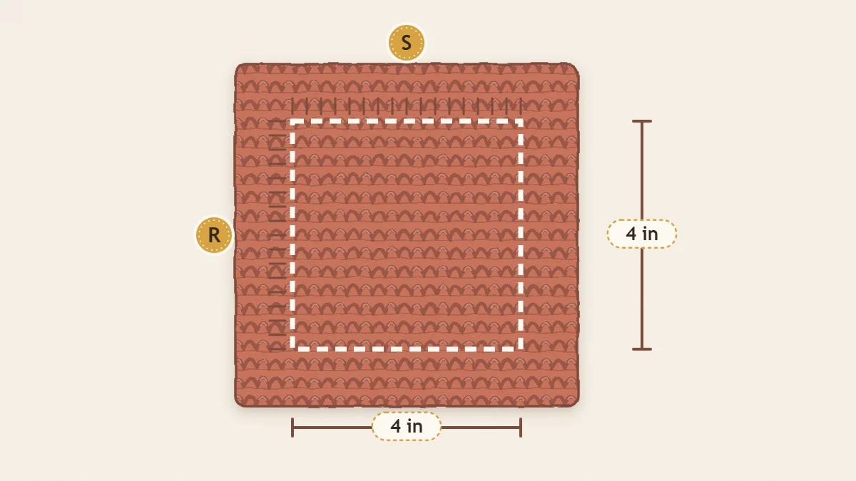 A square crochet gauge swatch with a 4-inch window marked in the center and tick marks counting the stitches across and the rows down