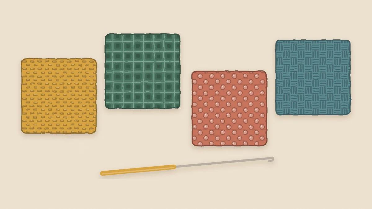 Four square crochet swatches, each with a different surface texture